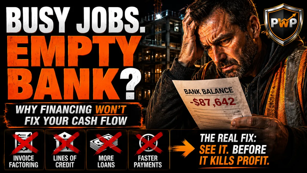 Contractor reviewing financials at job site trailer at night — profitable construction company with persistent cash flow problems