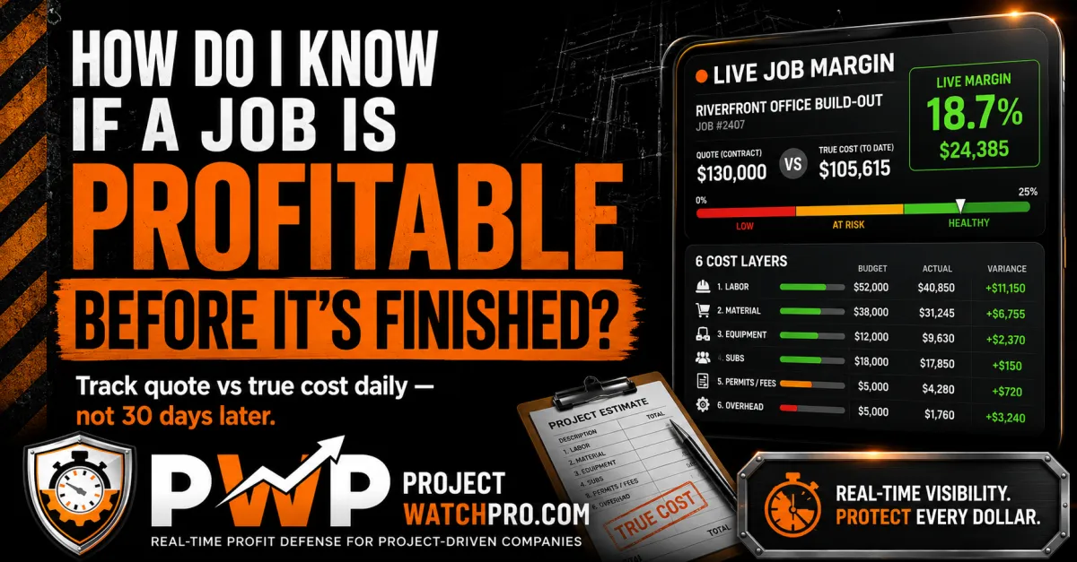 Contractor in job shack at night reviews a tablet showing real-time labor cost running against quoted budget — actual cost per hour updating every 60 seconds across six task rows