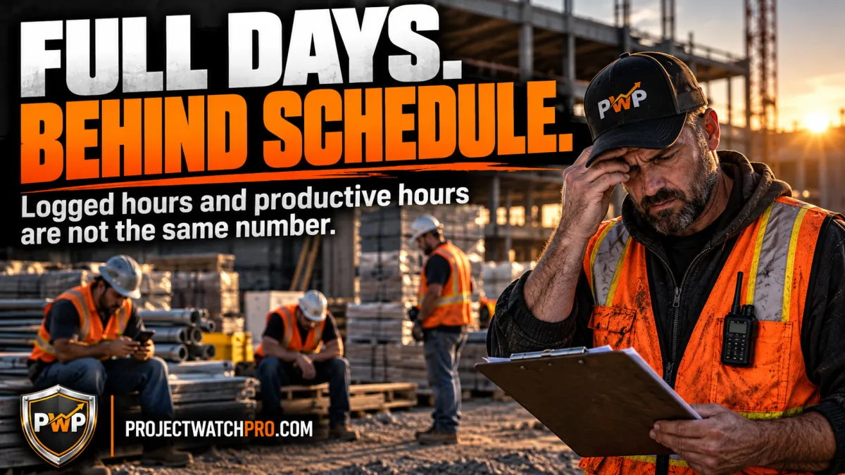 Construction crew idle on job site — logged hours vs productive hours gap