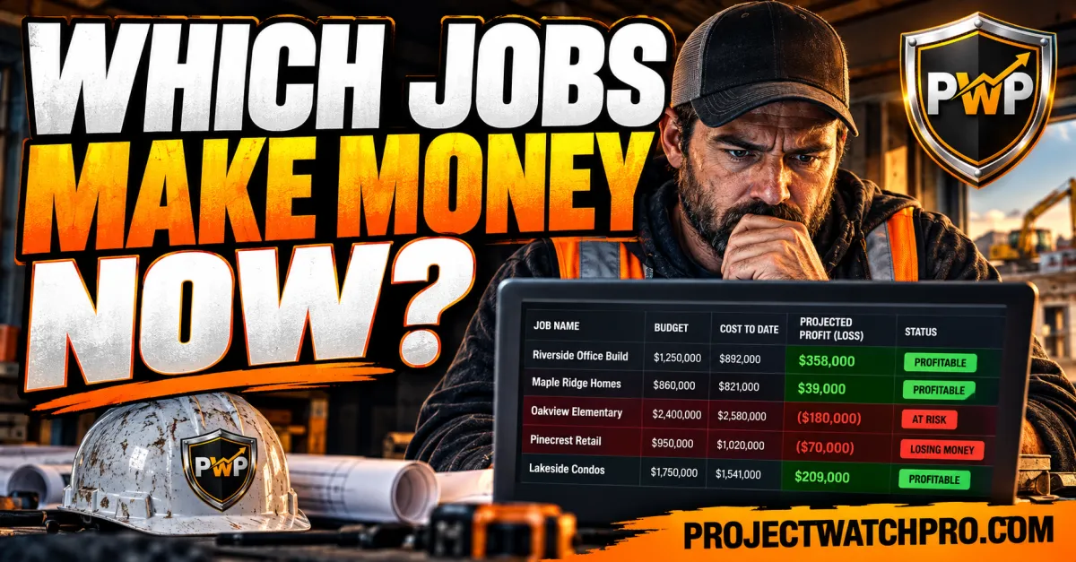 Construction owner comparing job profitability on two screens — real-time job cost tracking