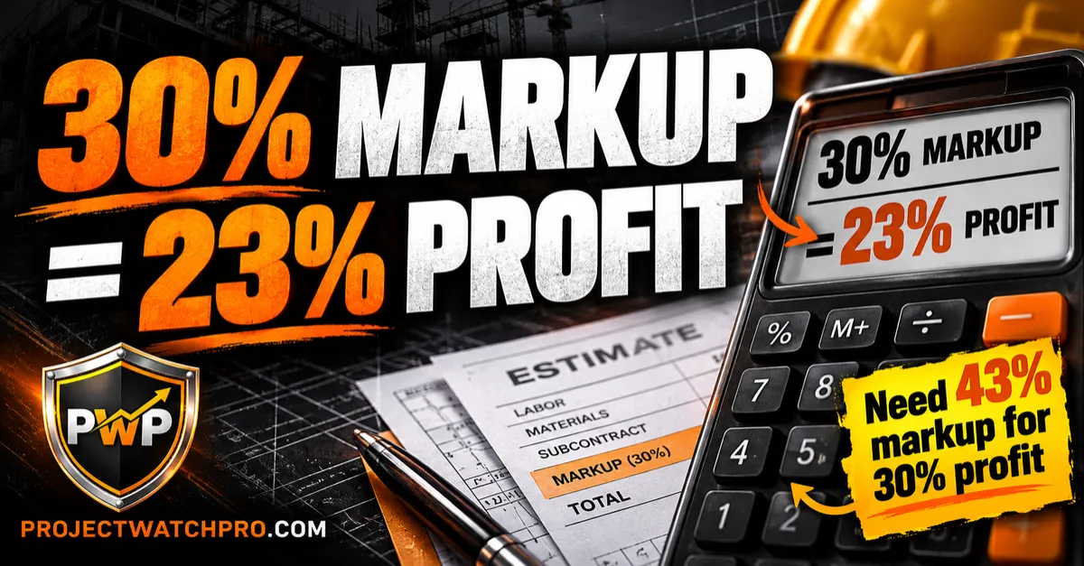 Contractor reviewing a quote sheet under harsh light with text overlay reading "You bid 30%. You kept 23." — illustrating the markup vs margin gap in construction pricing.