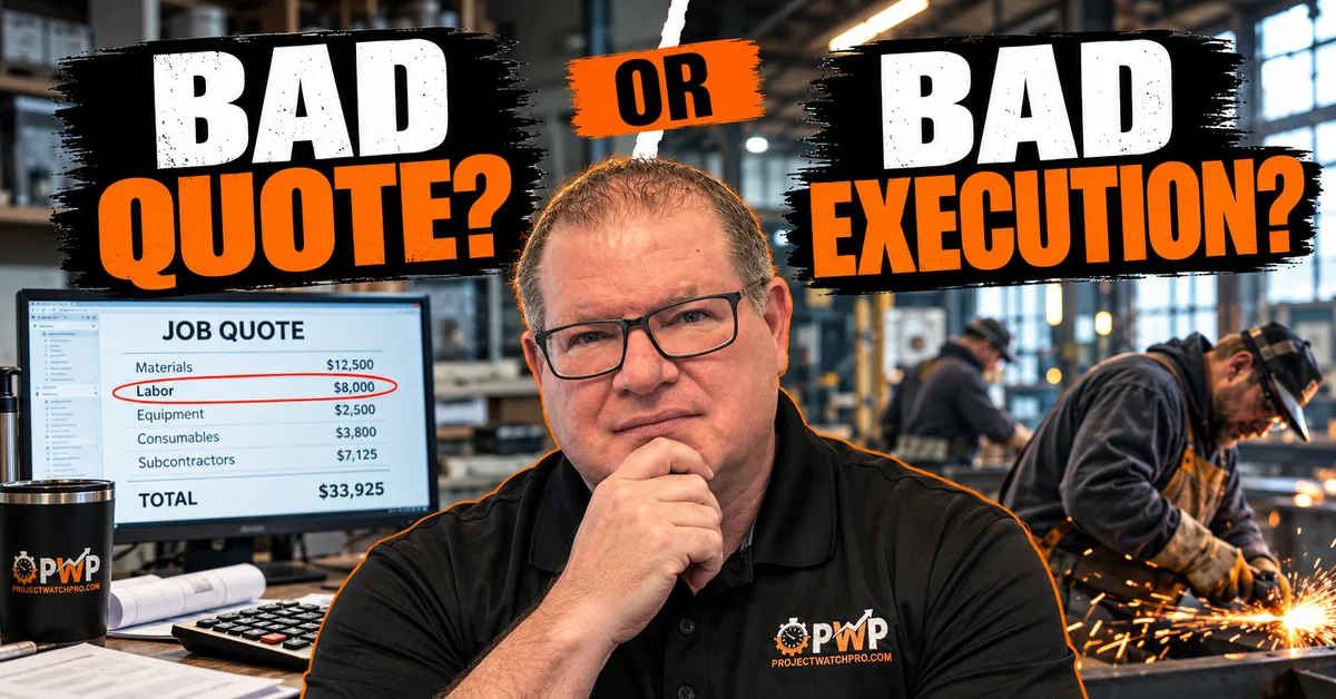Two construction workers pointing blame at each other — estimator vs field crew — while owner stands in the background, illustrating the cost of misdiagnosing whether a job's margin loss came from a bad estimate or poor execution.