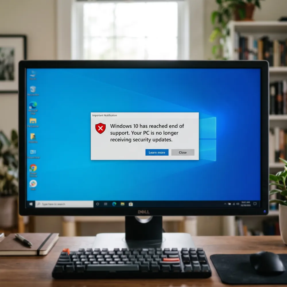 Windows 10 desktop showing end-of-support warning, highlighting business security and compliance risks
