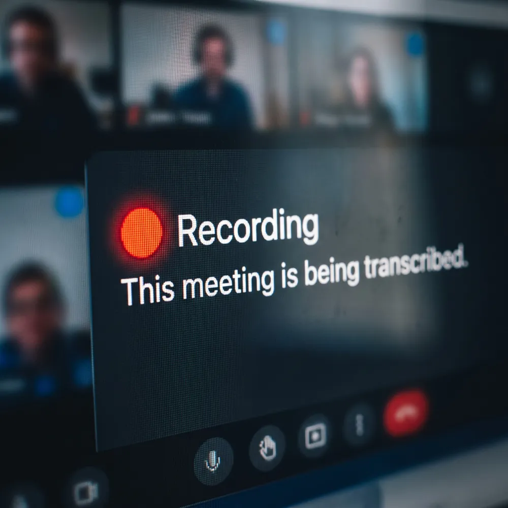 Video meeting alert showing AI transcription recording, highlighting IT privacy and access risks