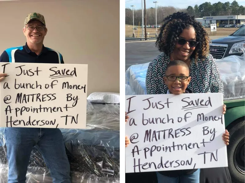 customers holding a sign that says 'I just saved a bunch of money at mattress by appointment henderson'