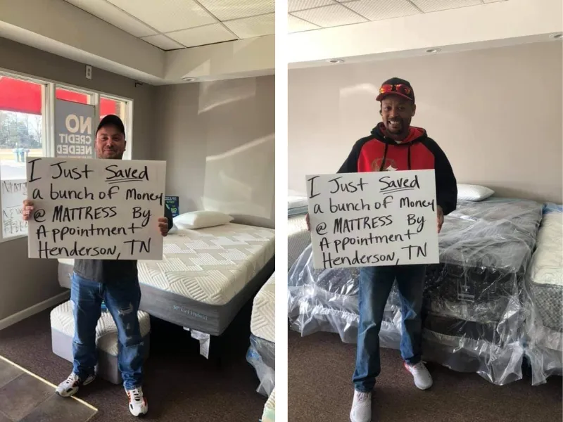 customers holding a sign that says 'I just saved a bunch of money at mattress by appointment henderson'