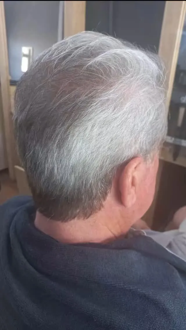 Backside of a man's head with grey hair that has been newly cut