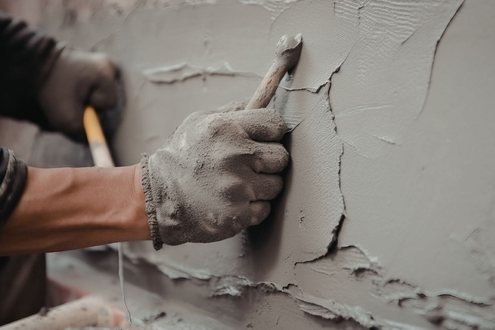 Artisan maçon appliquant un enduit de façade lors de travaux de rénovation à Dreux