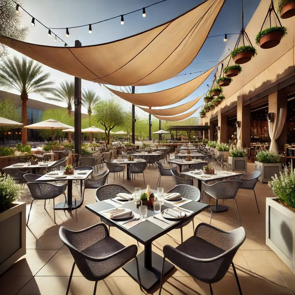 AI image of an Arizona restaurant patio with shade sails and hangin plants.