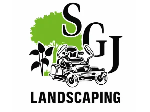 SGJ Landscaping company logo with lawn mower and tree graphic