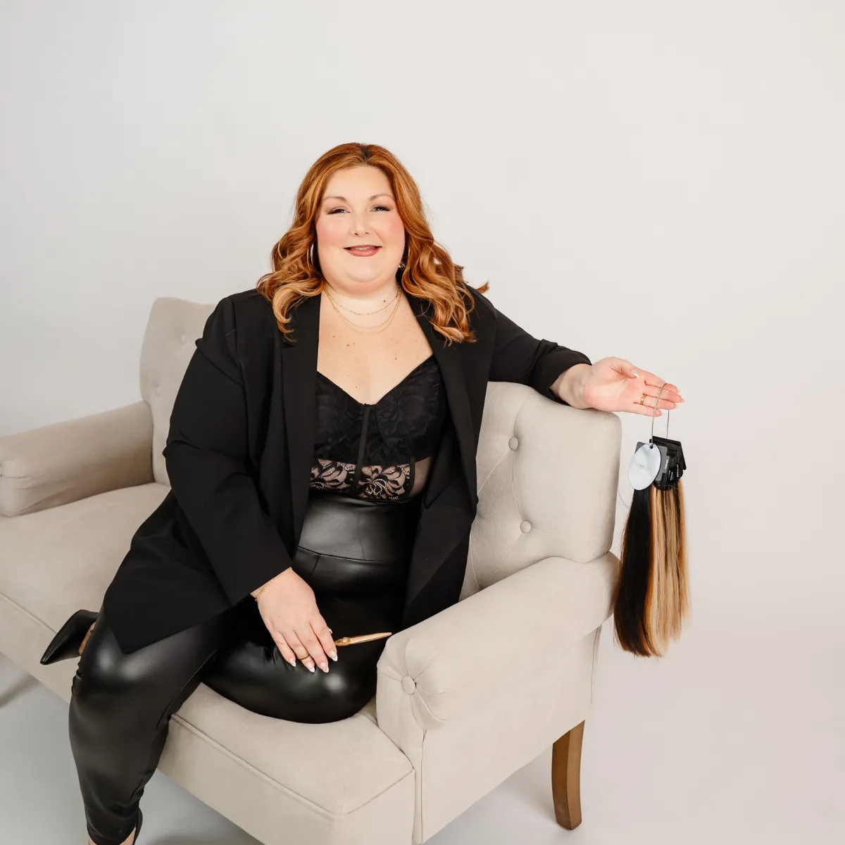 Brooke, Lancaster PA hair extension specialist, photographed in an editorial studio portrait for Conceited Beauty Bar