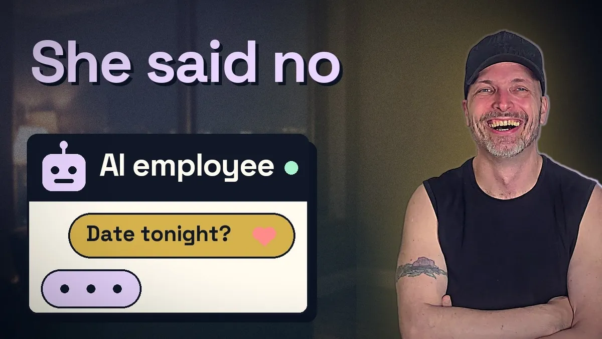 Video thumbnail: the words She said no above a chat window labelled AI employee, where a customer asks Date tonight?, with Uldis laughing beside it.