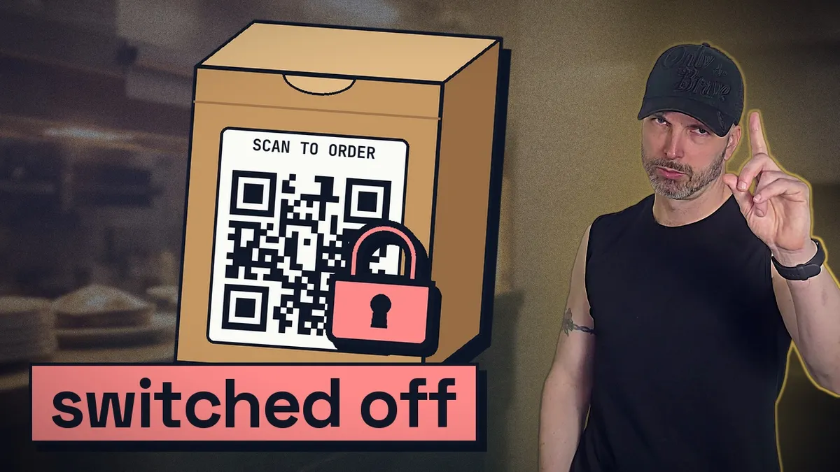 A takeaway box with a QR code locked by a red padlock, labelled switched off, next to Uldis holding up one finger.
