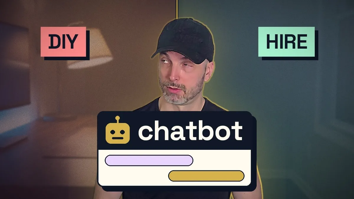 Video thumbnail: Uldis between a DIY label and a HIRE label, glancing sideways above a chatbot window.