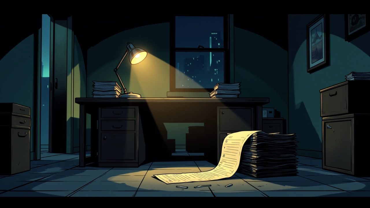 A single desk lamp over a long unrolled bill spilling off an empty desk in a dark office.
