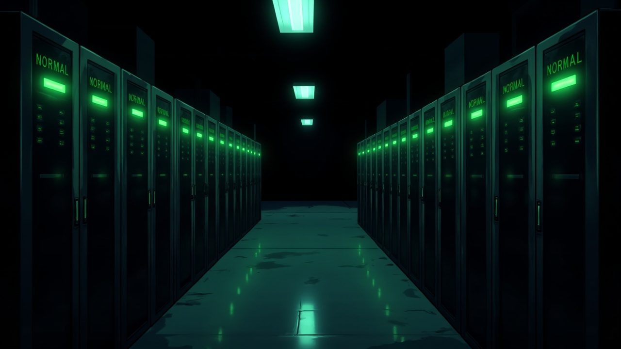 A wall of identical green status lights in a dark server aisle, with one cabinet standing open onto darkness.
