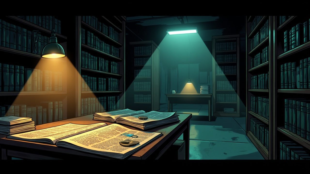 One open document lit by a narrow beam on a long table, with rows of unread bound volumes fading into the dark.