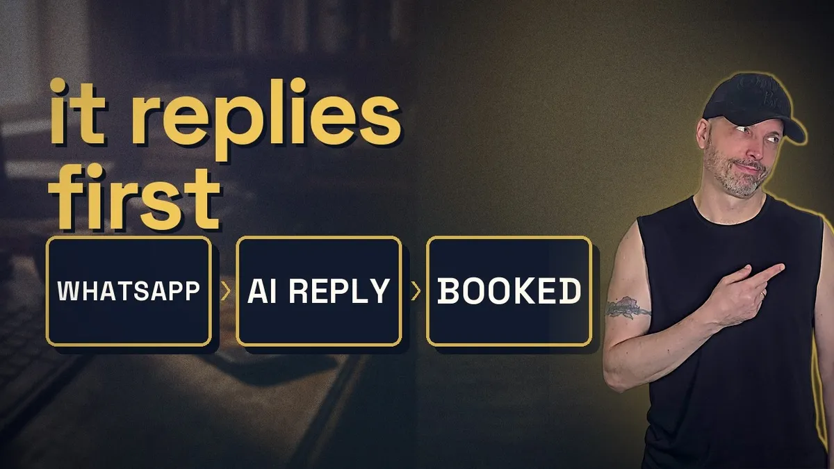 Video thumbnail: the words it replies first above three boxes reading WhatsApp, AI reply, booked, with Uldis pointing at them.
