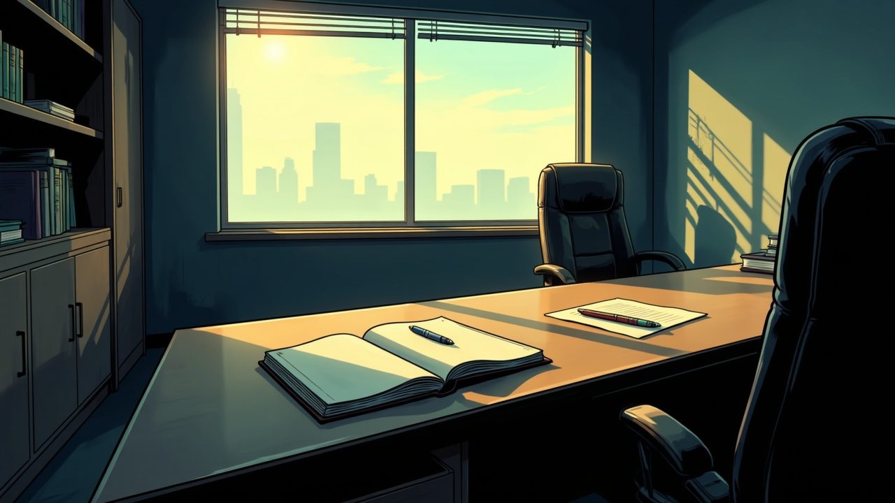 A blank open notebook and a pen on an otherwise empty desk beside a window, the chair pushed back and nobody there.
