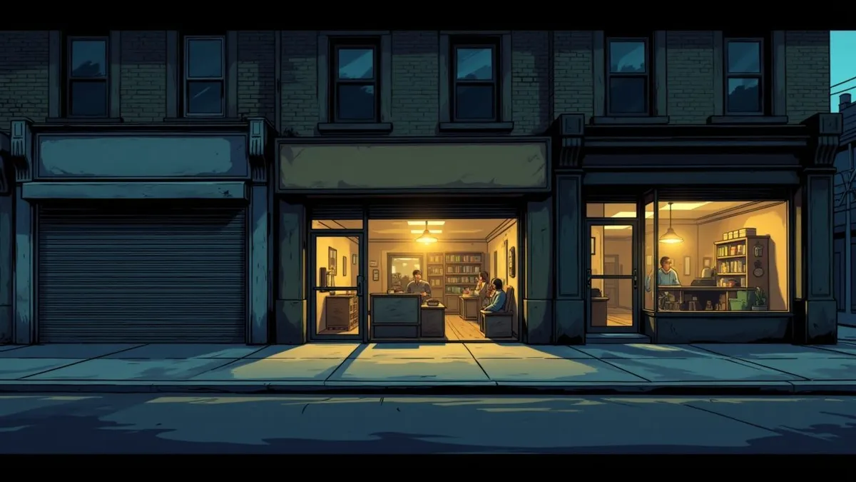 A row of shopfronts at night, one with its metal shutter pulled down and a blank signboard, its neighbours lit with people inside.