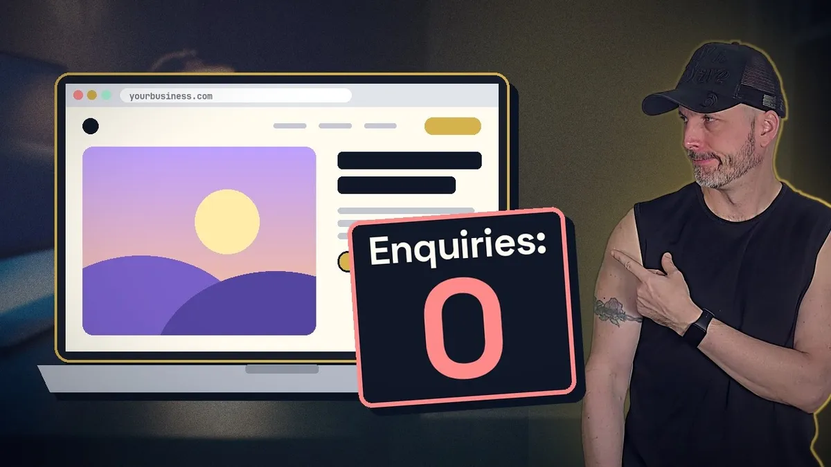 Video thumbnail: a pretty website on a laptop next to a counter that reads Enquiries: 0, with Uldis pointing at it.