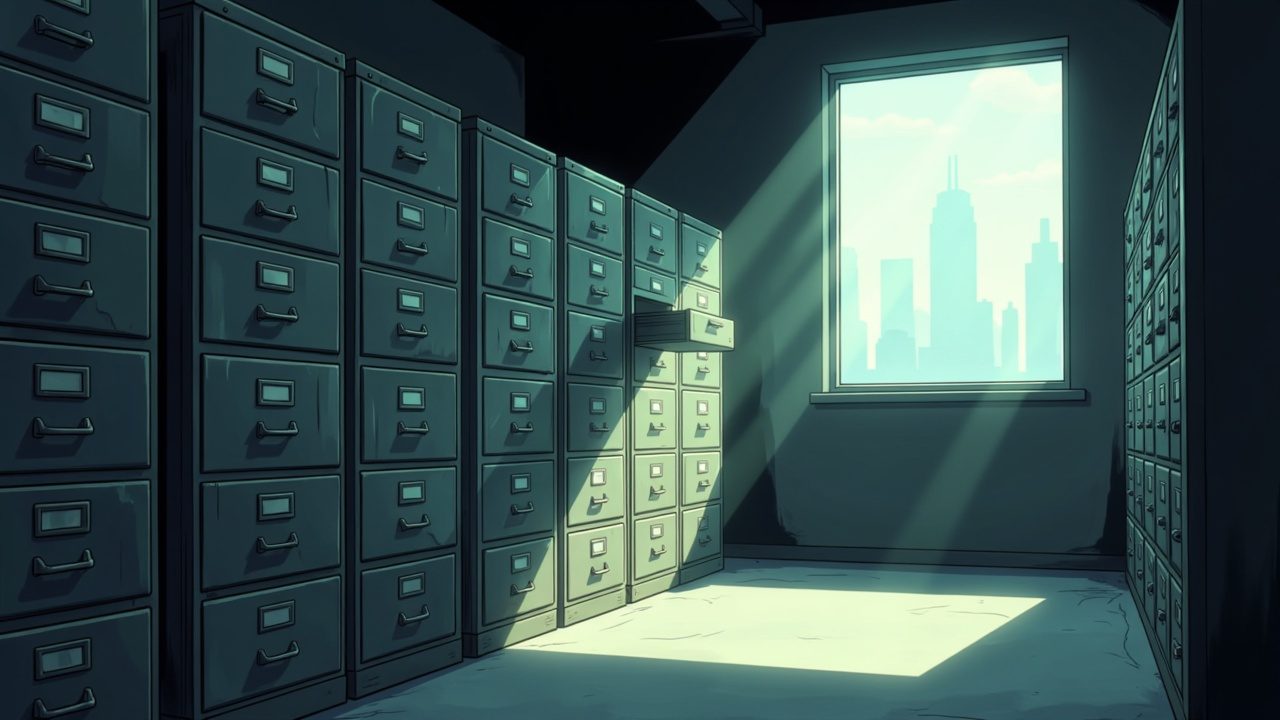 A long room walled with identical filing drawers, lit by one high window, with nobody there.
