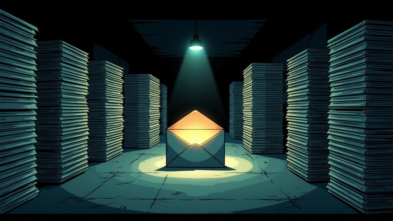 Neat towers of sealed envelopes in a dark room, with a single opened one glowing faintly.