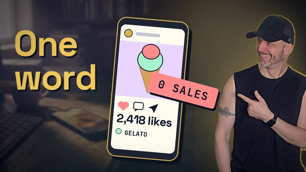 Video thumbnail: a phone showing a gelato post with 2,418 likes stamped 0 SALES, the words One word, and Uldis smiling and pointing at the phone.