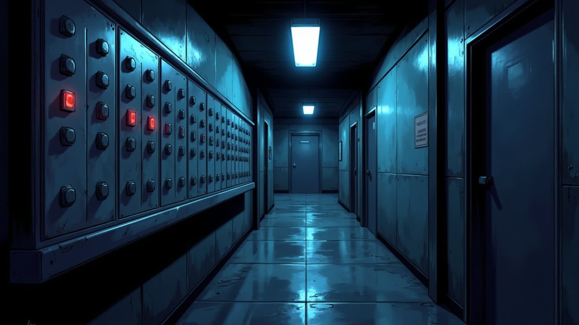 A long panel of identical switches in a dim, empty corridor, most of them still in the same position.