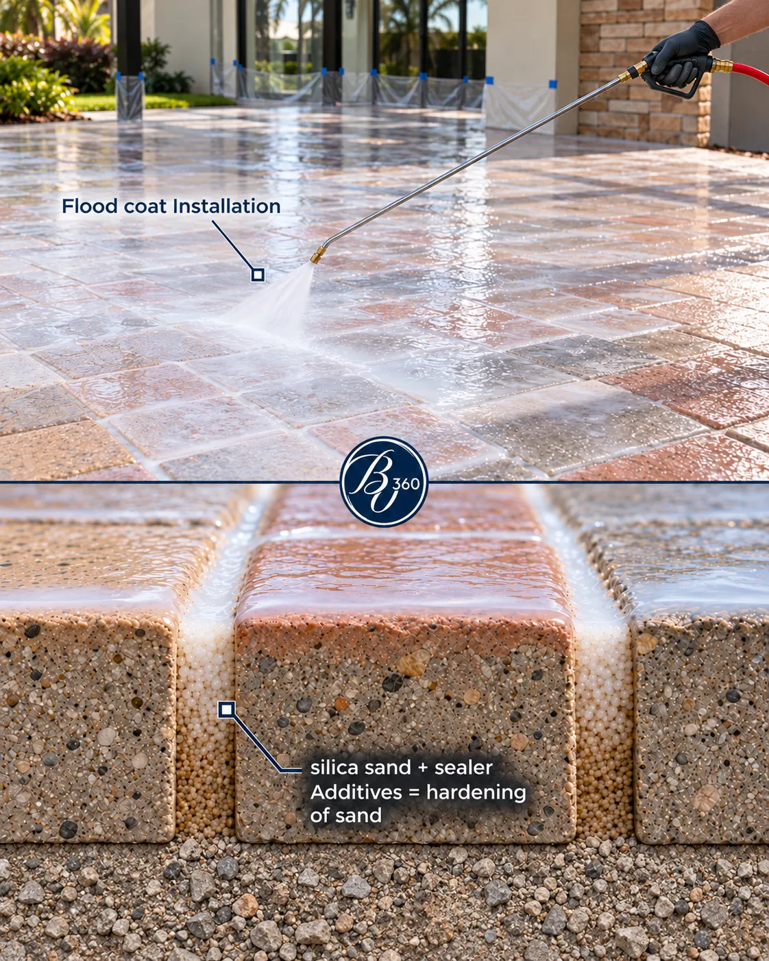 Close-up macro of premium two-component water-based sealer penetrating stone paver joints and silica sand