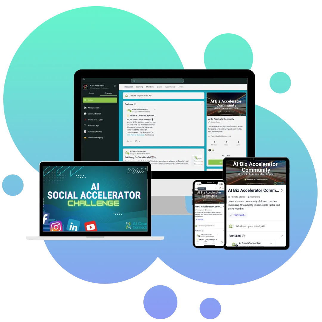 "AI Social Accelerator Challenge tools, including Niche & Client Explorer, Event Planner, and Buyer’s Journey Generator, with premium community access."