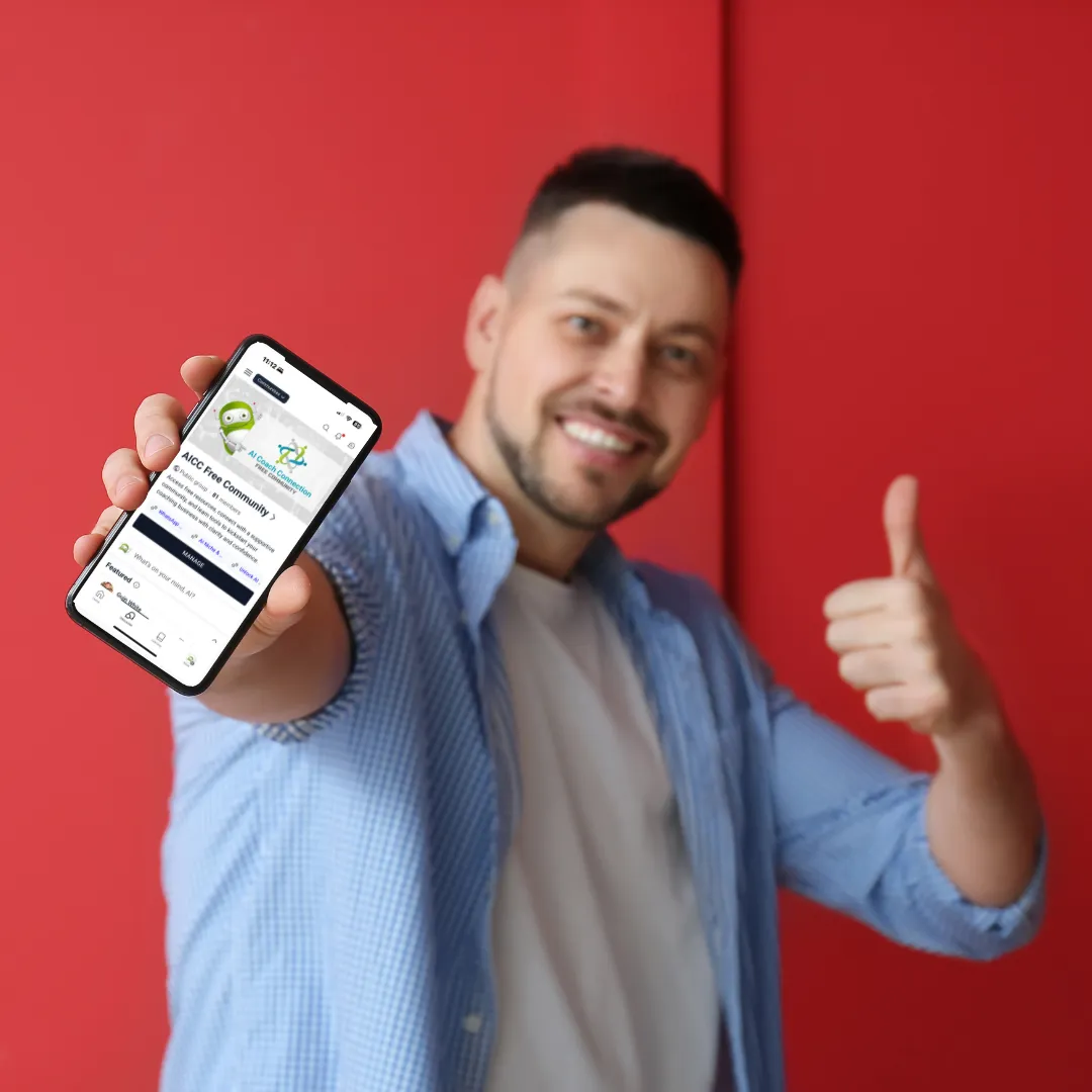 Happy coach showcasing the AI Coach Connection mobile platform for seamless business growth.