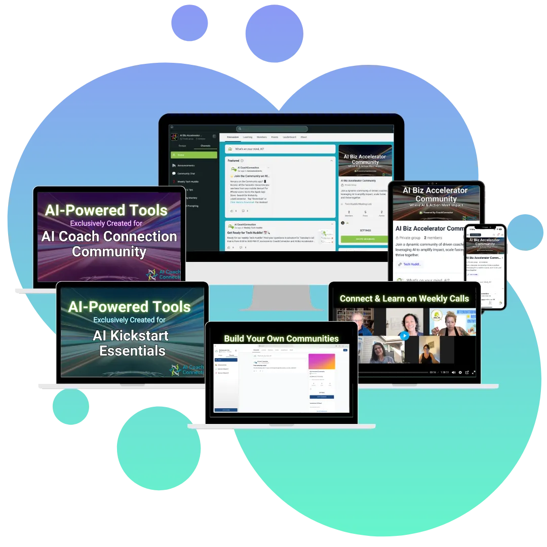 Coach leveraging AI tools in a supportive community to simplify tasks and amplify impact.