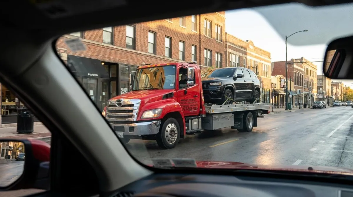 Flatbed tow truck loading a car in Chicago, Immediate Response Towing