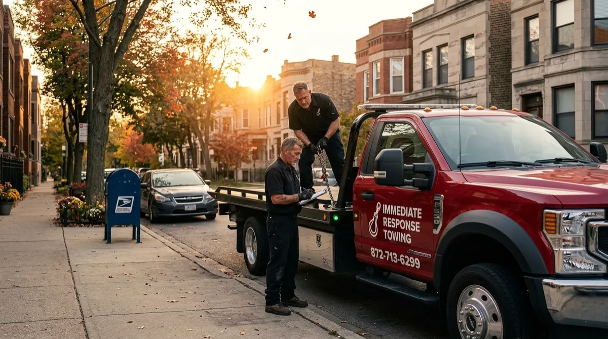 Red Immediate Response tow truck representing the full range of towing services in Chicago