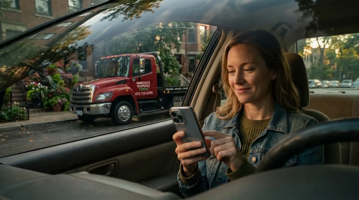 Driver reviewing a car tow quote on her phone beside a red tow truck in Chicago