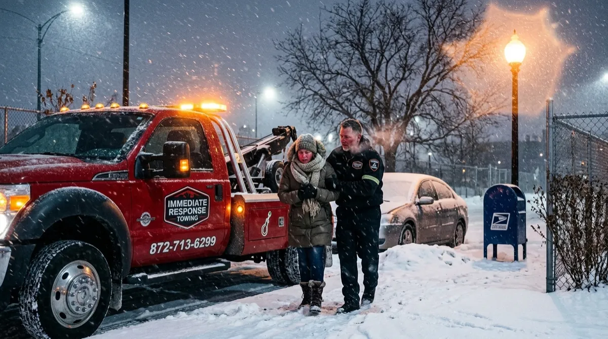 Red tow truck helping a stranded driver during a snowy Chicago winter night