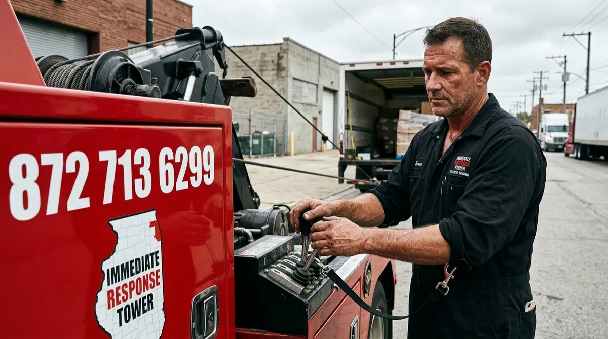 Heavy duty red tow truck loading a commercial truck on a Chicago street