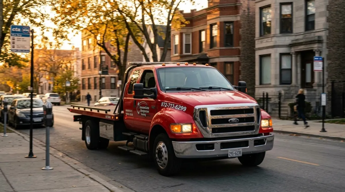 Red Immediate Response tow truck dispatched to a driver who searched tow my car near me in Chicago