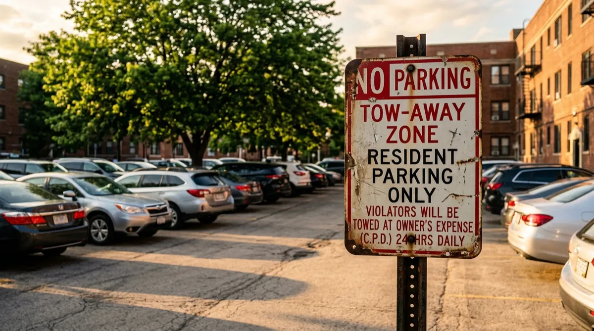 No parking tow away sign posted at the entrance of a Chicago private lot