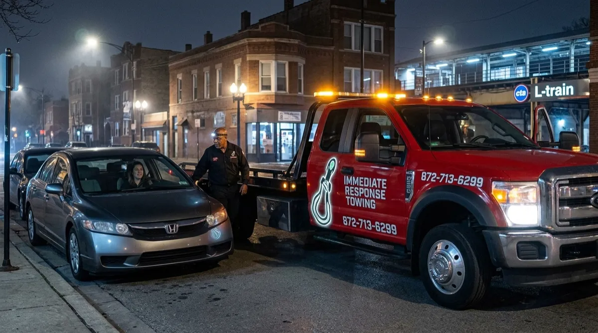 Red tow truck arriving to help a driver stranded at night on a Chicago street