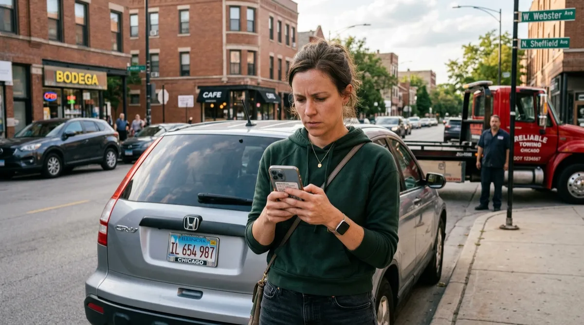 Driver checking a towing company's license information on her phone before letting her car get towed in Chicago