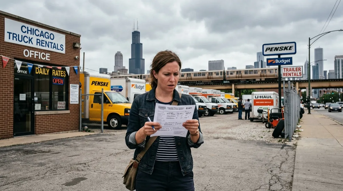 Driver comparing a rental pickup truck to calling a professional towing service in Chicago