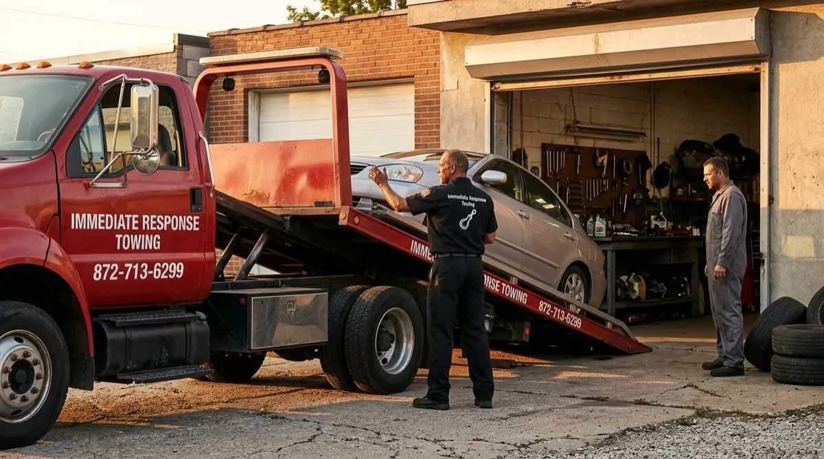 Red tow truck delivering a car to a repair shop garage in Chicago