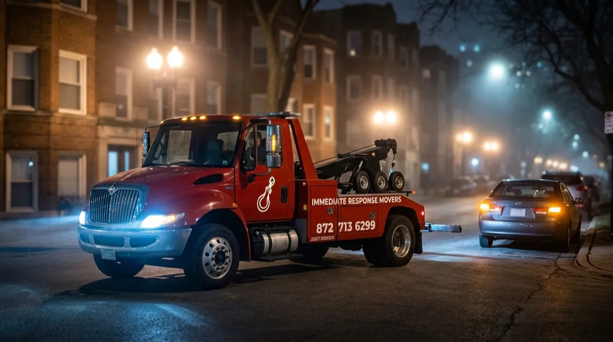 Tow truck arriving late at night to help a stranded driver on a quiet Chicago road