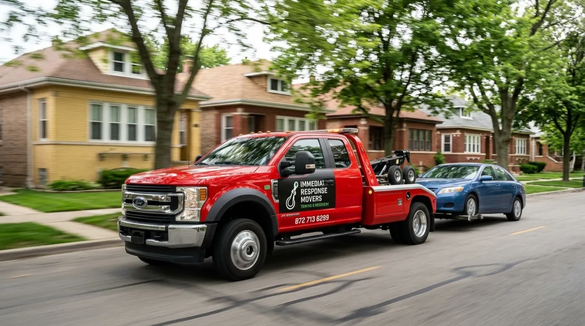 Tow truck moving a car a short distance between two Chicago neighborhood streets