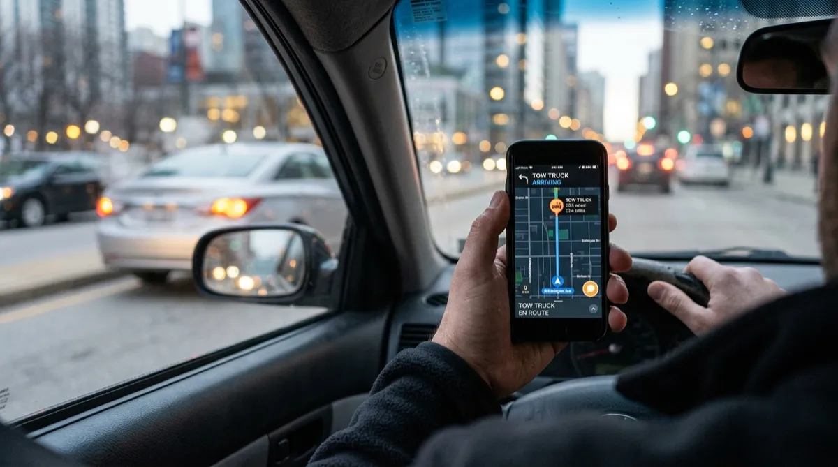  Map on a phone screen showing the nearest tow truck approaching a stranded driver in Chicago
