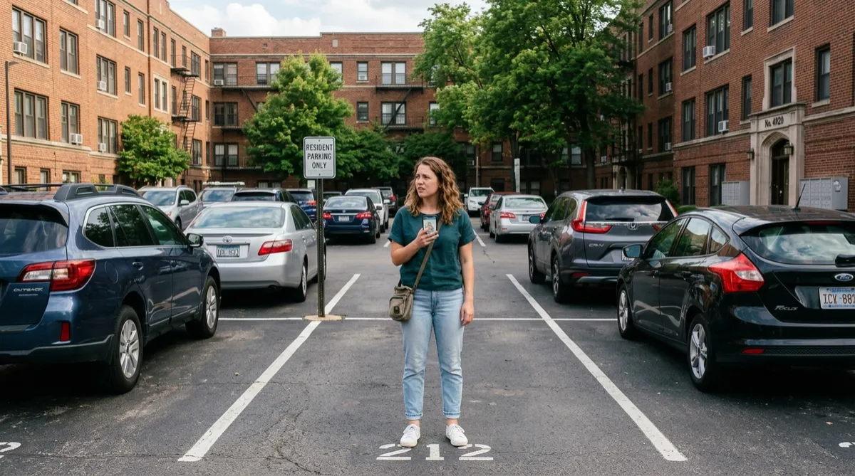 Driver standing in an empty parking spot at a Chicago apartment complex trying to figure out which company towed her car