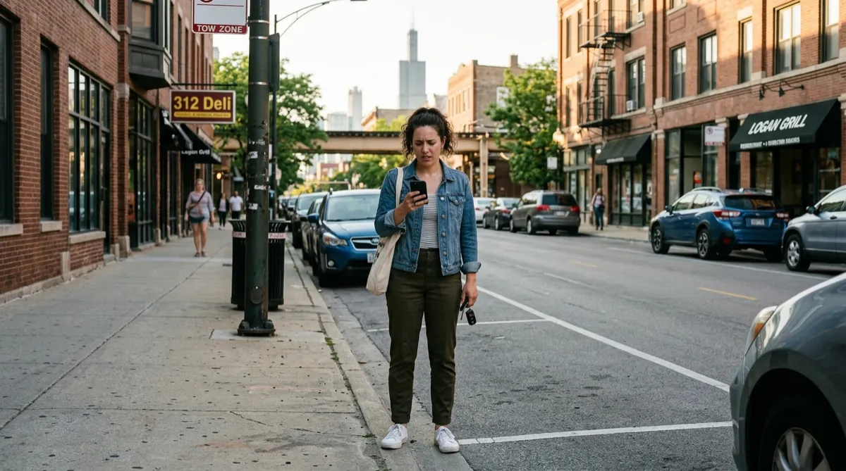 Driver checking her phone to find out if her car was towed by police in Chicago