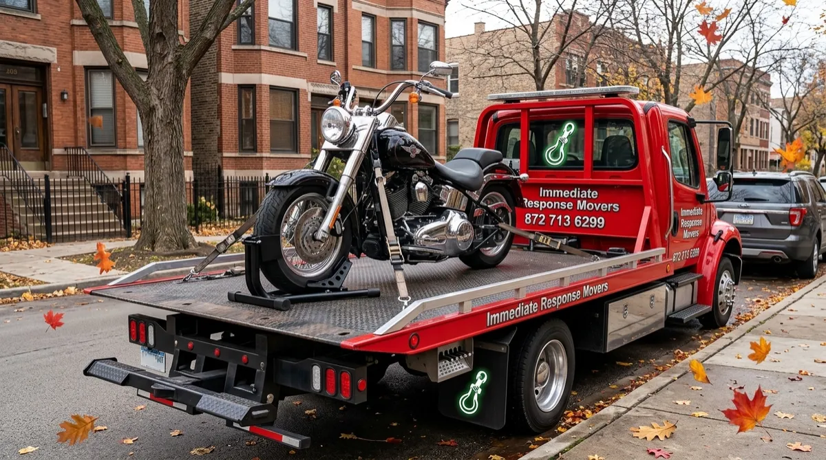 Motorcycle secured upright on a flatbed tow truck with proper wheel chock and straps in Chicago